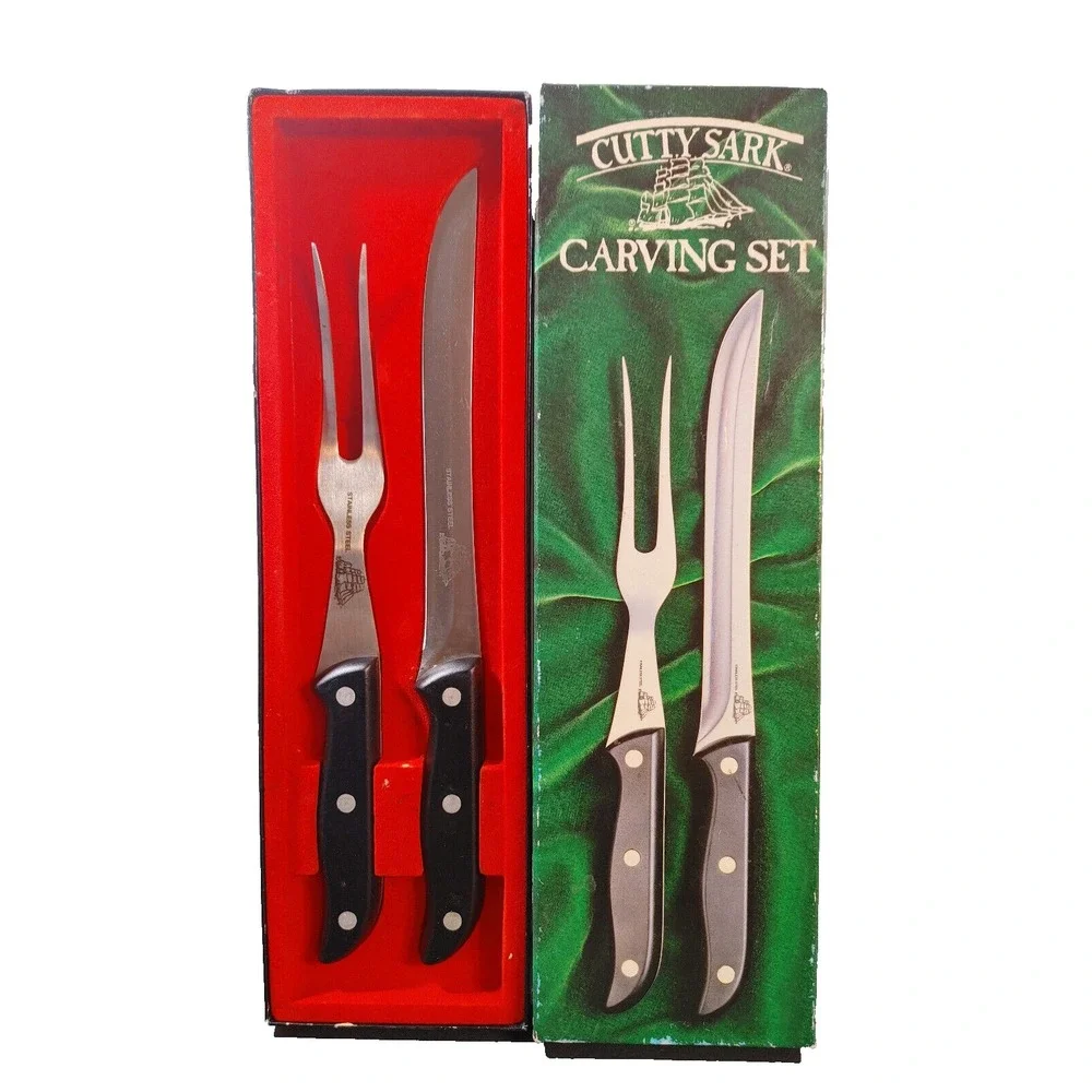 Cutty Sark Carving Fork Knife Kitchen 2 Piece Set Black Handle Forged